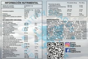 Información nutricional de un suplemento